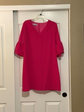 Bright Pink V-Neck Ruffle Bell Sleeve Shift Dress